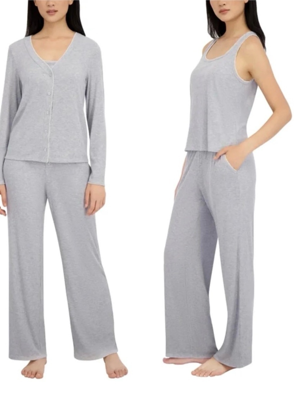 Women's Light Gray 3-Piece Sleepwear Set - Soft Lounge Tank, Cardigan & Pants